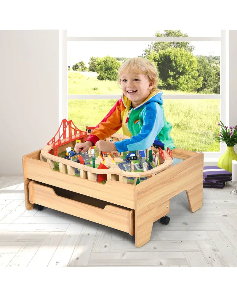 Kids Wooden Train Set Table with 100 Multicolor Pieces and Lockable Wheels - Natural - Learning Toys