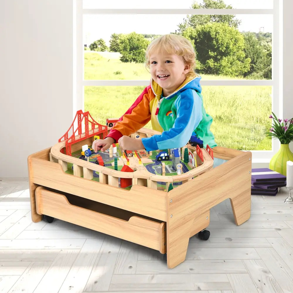 Kids Wooden Train Set Table with 100 Multicolor Pieces and Lockable Wheels - Natural - Learning Toys