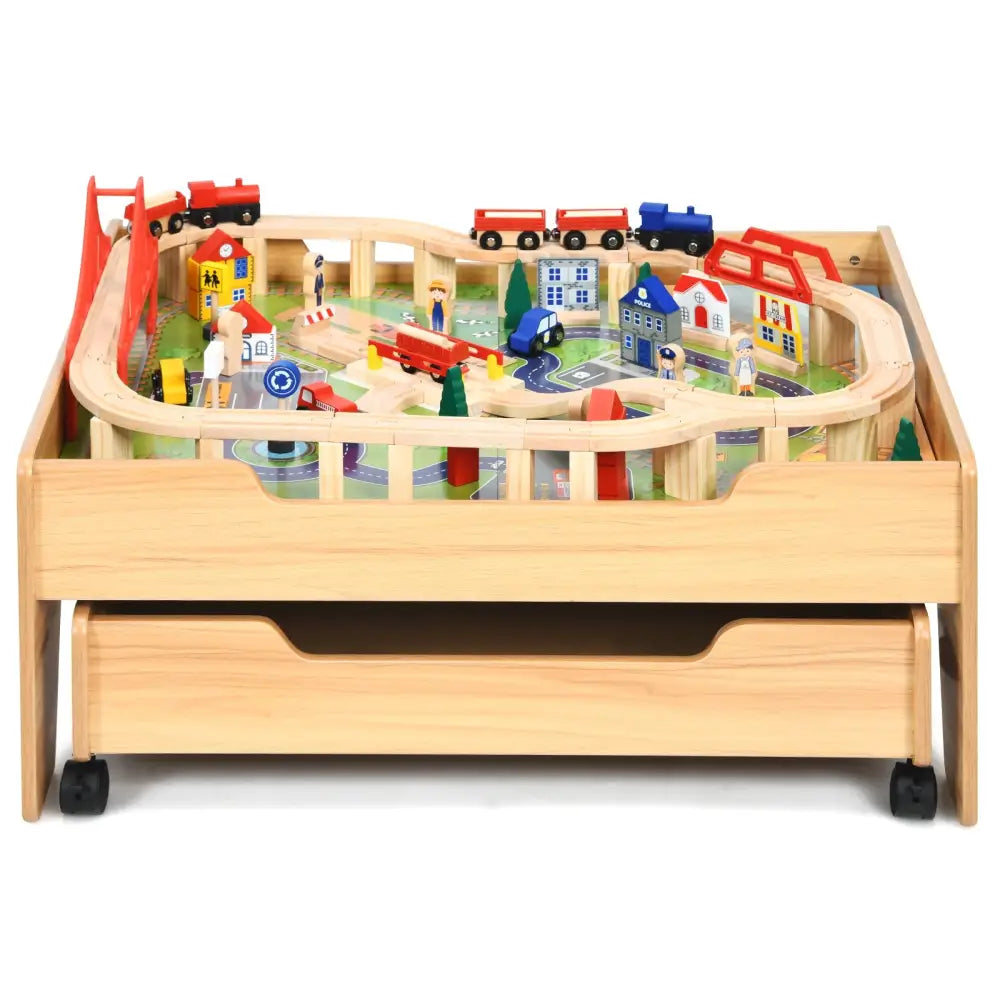 Kids Wooden Train Set Table with 100 Multicolor Pieces and Lockable Wheels - Natural - Learning Toys