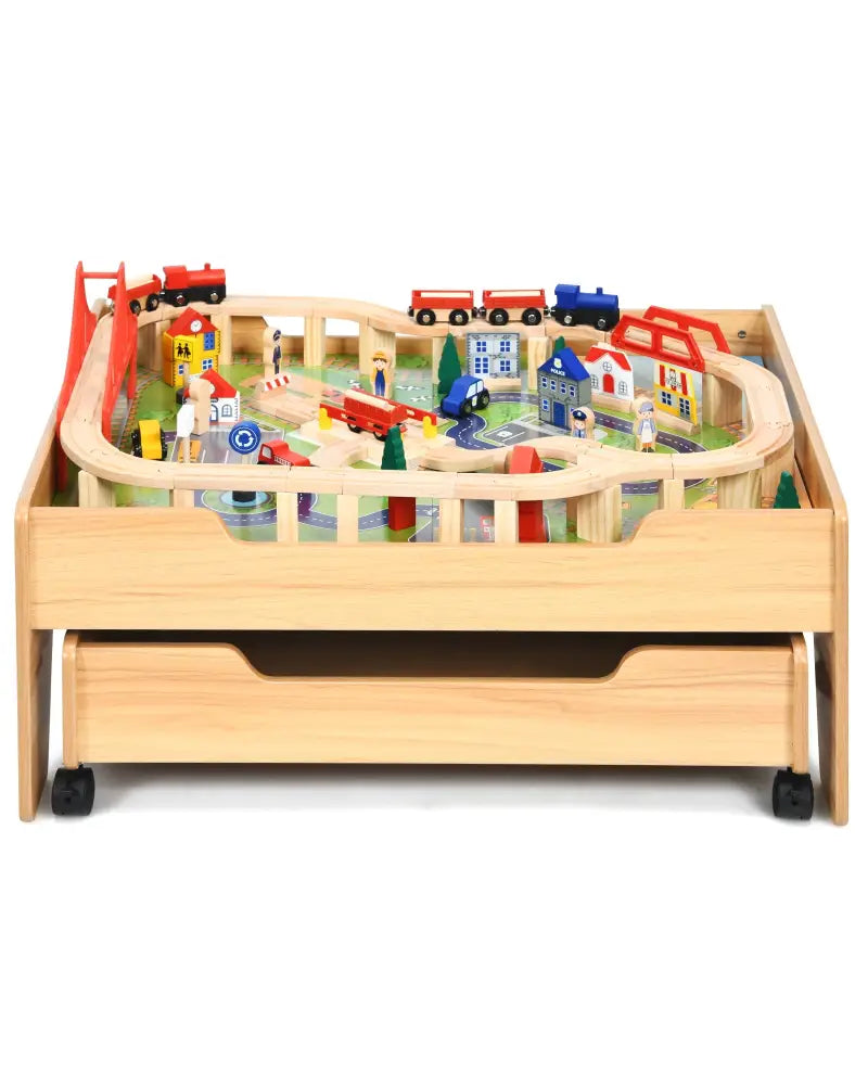 Kids Wooden Train Set Table with 100 Multicolor Pieces and Lockable Wheels - Natural - Learning Toys