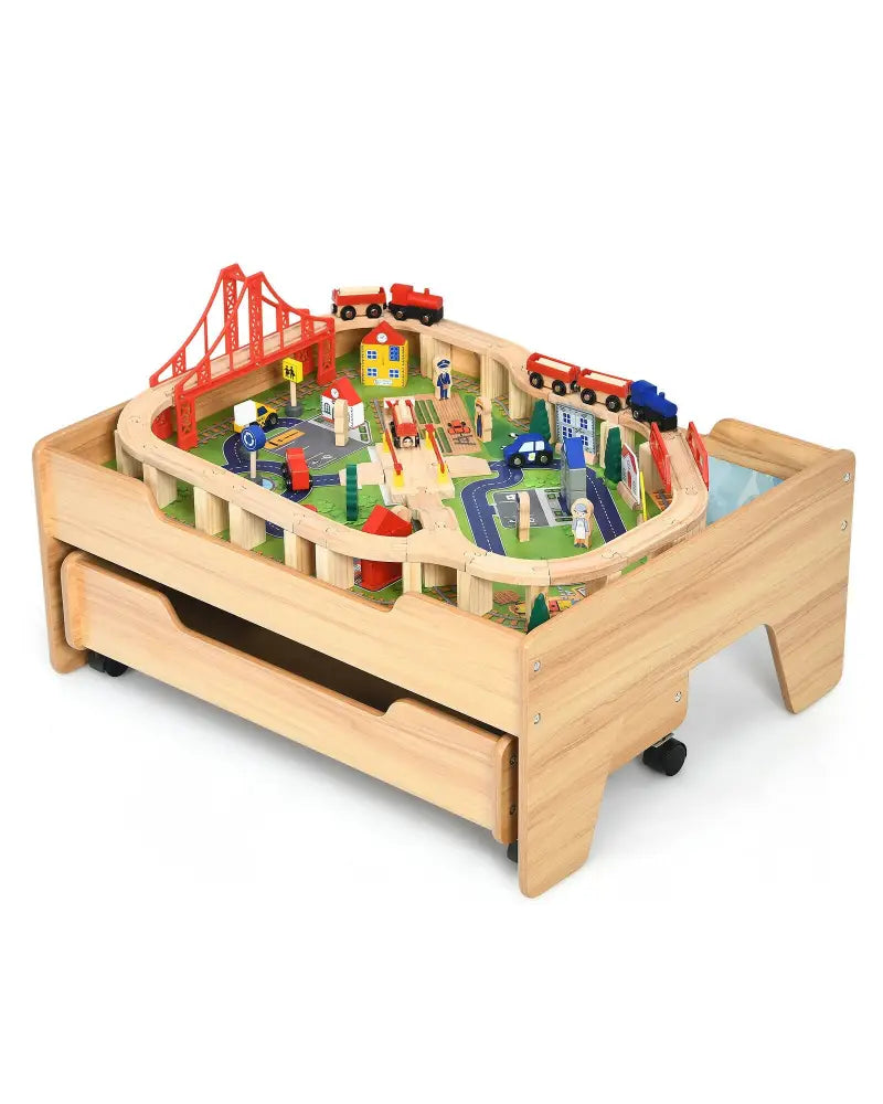 Kids Wooden Train Set Table with 100 Multicolor Pieces and Lockable Wheels - Natural - Learning Toys
