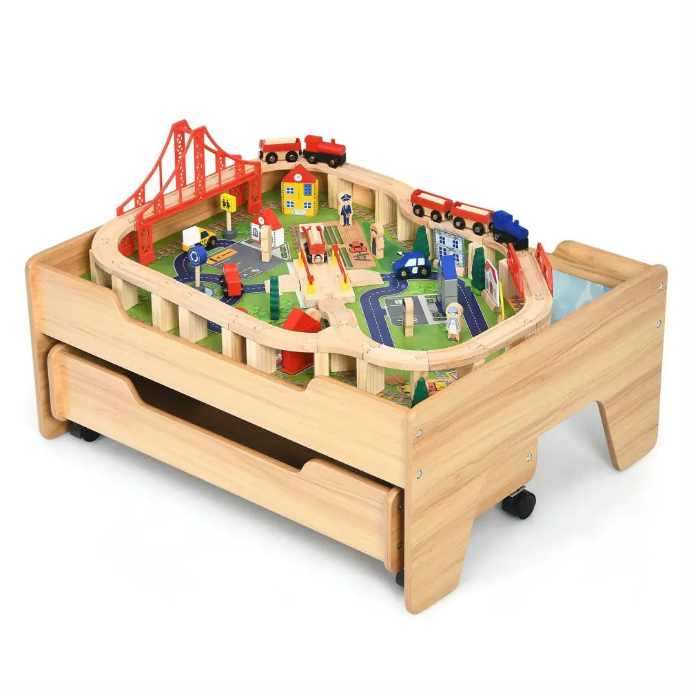 Kids Wooden Train Set Table with 100 Multicolor Pieces and Lockable Wheels - Natural - Learning Toys