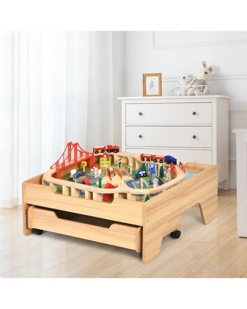 Kids Wooden Train Set Table with 100 Multicolor Pieces and Lockable Wheels - Natural - Learning Toys