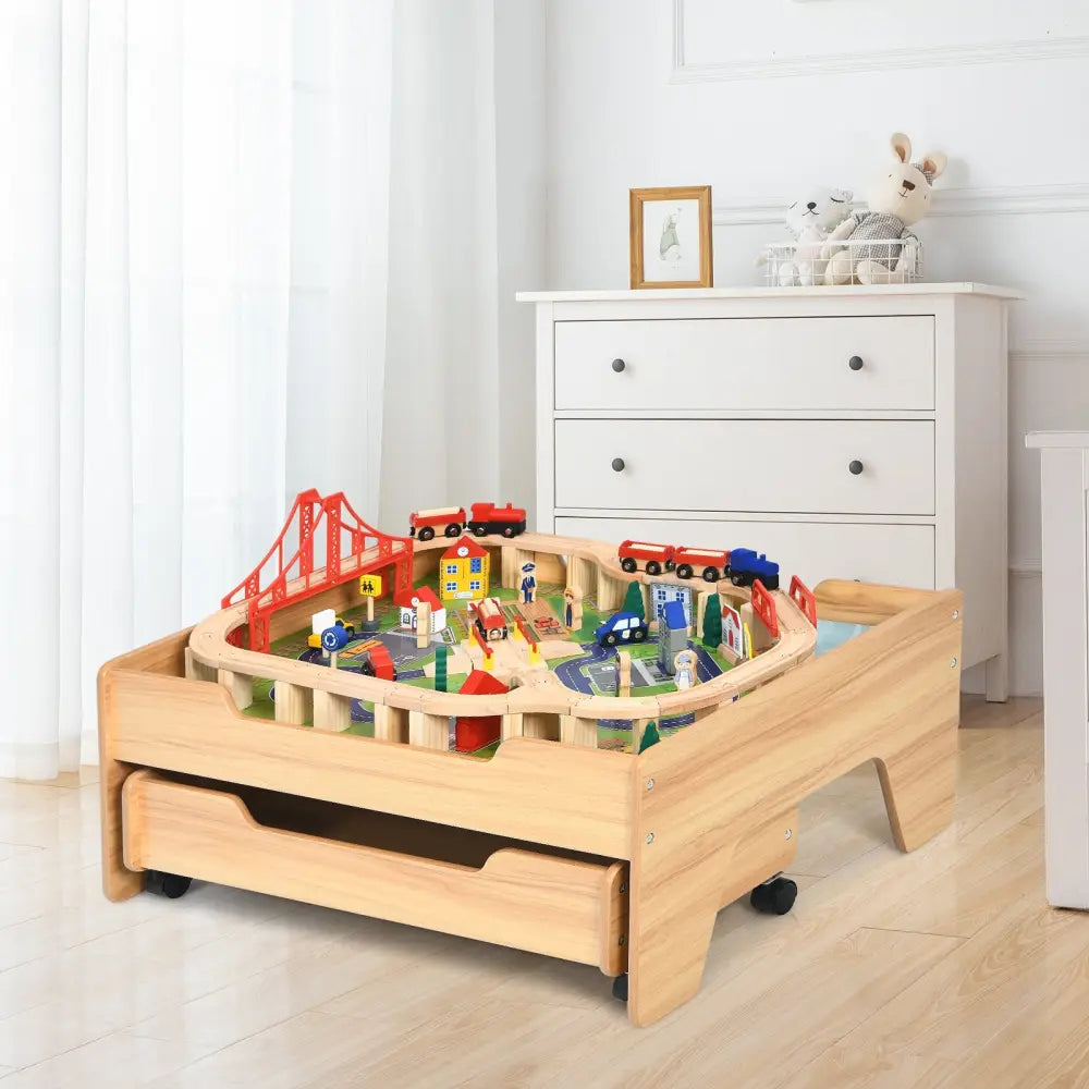 Kids Wooden Train Set Table with 100 Multicolor Pieces and Lockable Wheels - Natural - Learning Toys