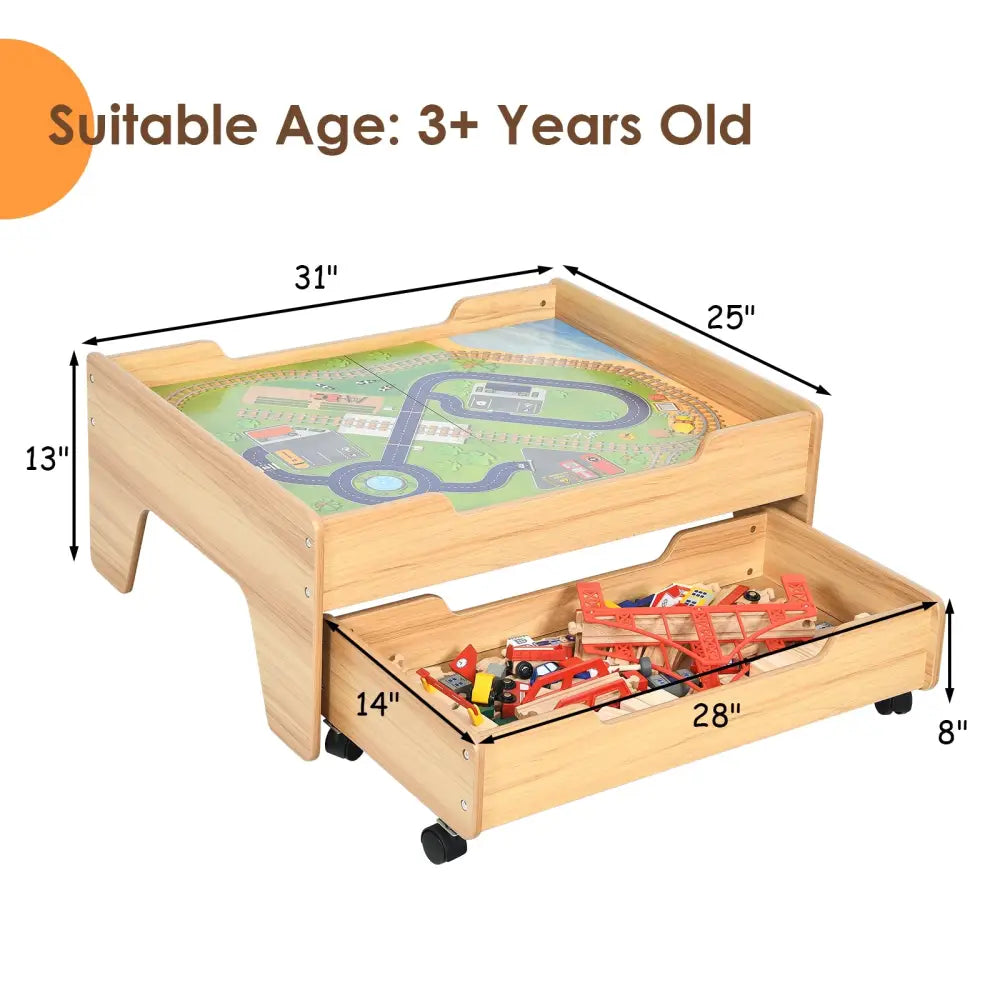 Kids Wooden Train Set Table with 100 Multicolor Pieces and Lockable Wheels - Natural - Learning Toys