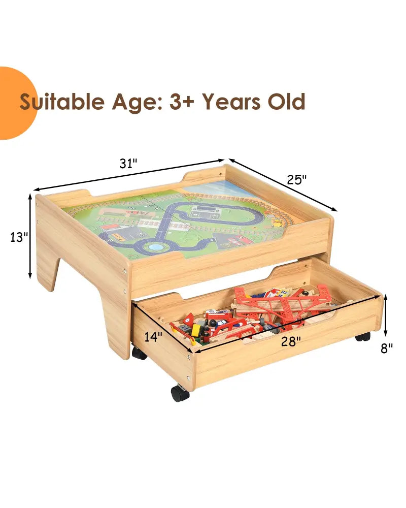 Kids Wooden Train Set Table with 100 Multicolor Pieces and Lockable Wheels - Natural - Learning Toys