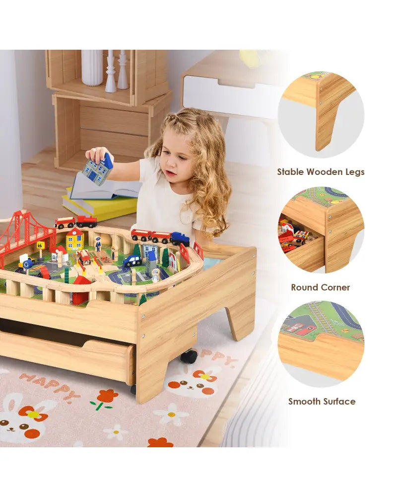 Kids Wooden Train Set Table with 100 Multicolor Pieces and Lockable Wheels - Natural - Learning Toys