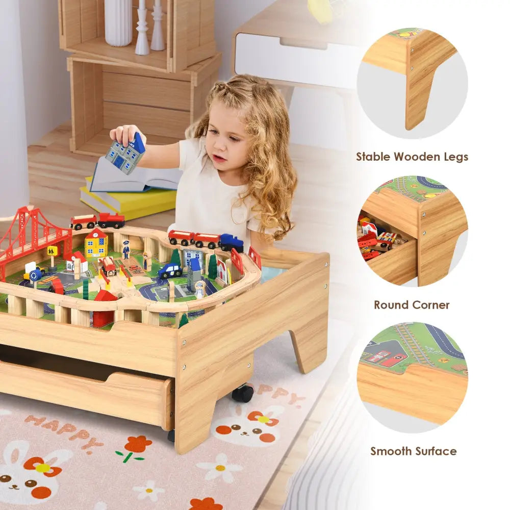 Kids Wooden Train Set Table with 100 Multicolor Pieces and Lockable Wheels - Natural - Learning Toys