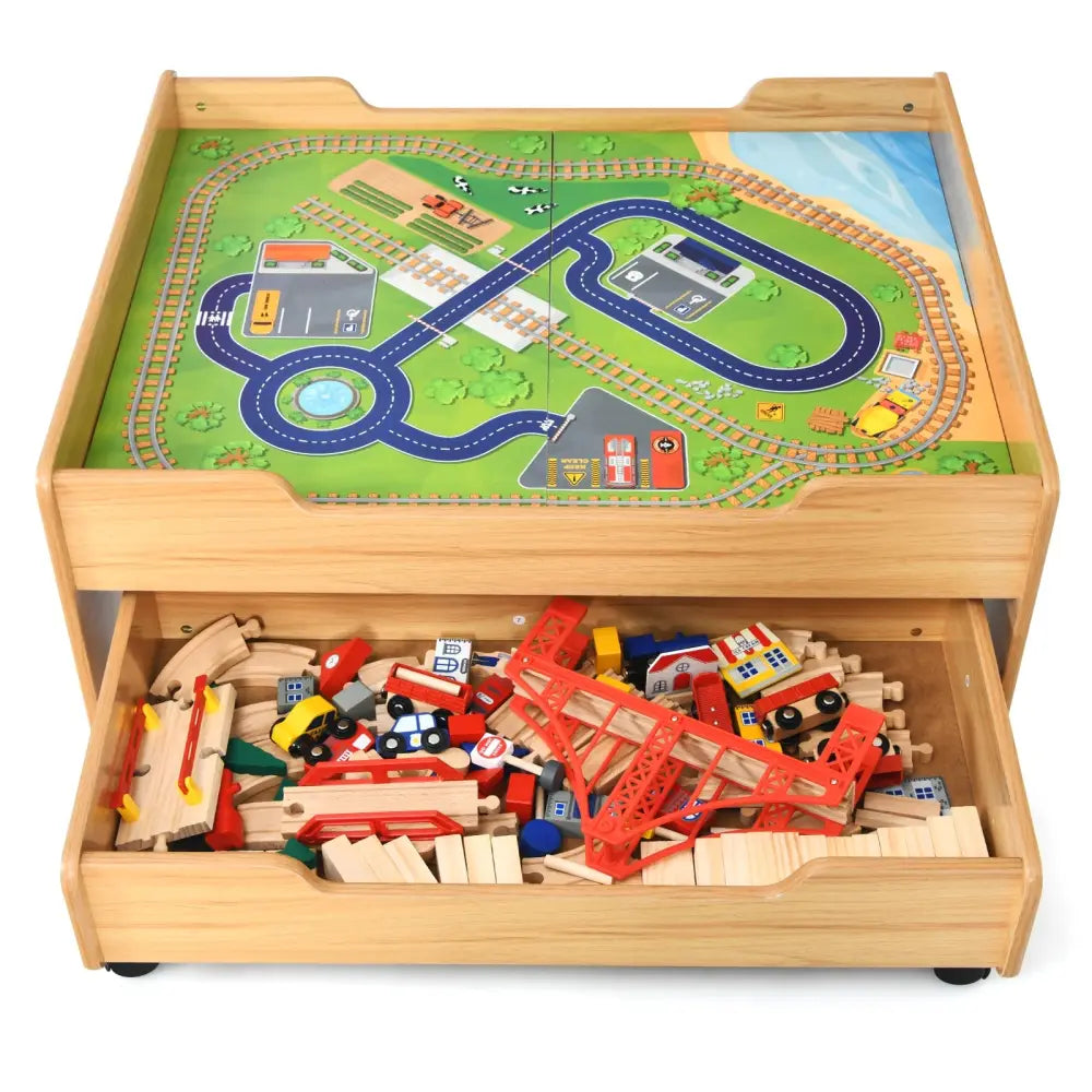 Kids Wooden Train Set Table with 100 Multicolor Pieces and Lockable Wheels - Natural - Learning Toys