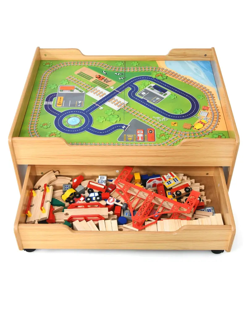 Kids Wooden Train Set Table with 100 Multicolor Pieces and Lockable Wheels - Natural - Learning Toys