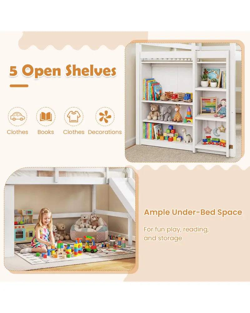 Kids Wooden Twin Size Loft Bed Frame with Slide and Ladder-White - White - Beds & Bed Frames
