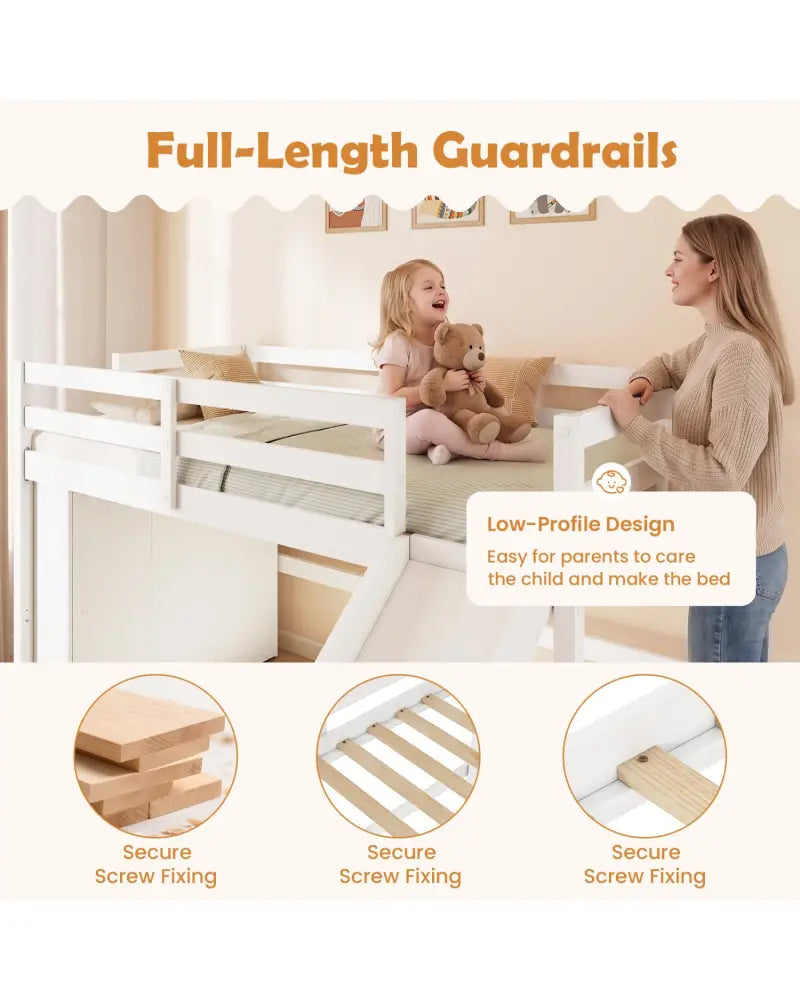 Kids Wooden Twin Size Loft Bed Frame with Slide and Ladder-White - White - Beds & Bed Frames