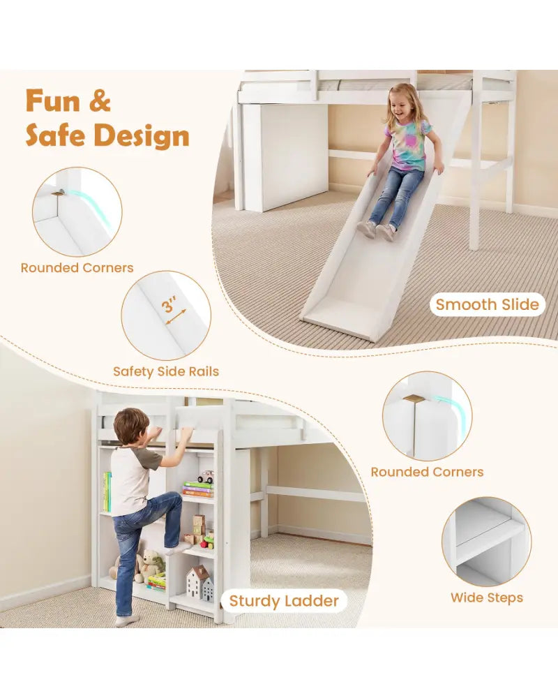Kids Wooden Twin Size Loft Bed Frame with Slide and Ladder-White - White - Beds & Bed Frames
