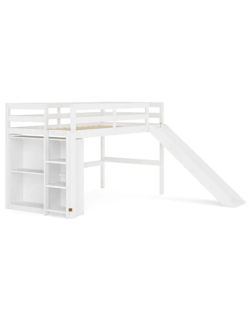 Kids Wooden Twin Size Loft Bed Frame with Slide and Ladder-White - White - Beds & Bed Frames