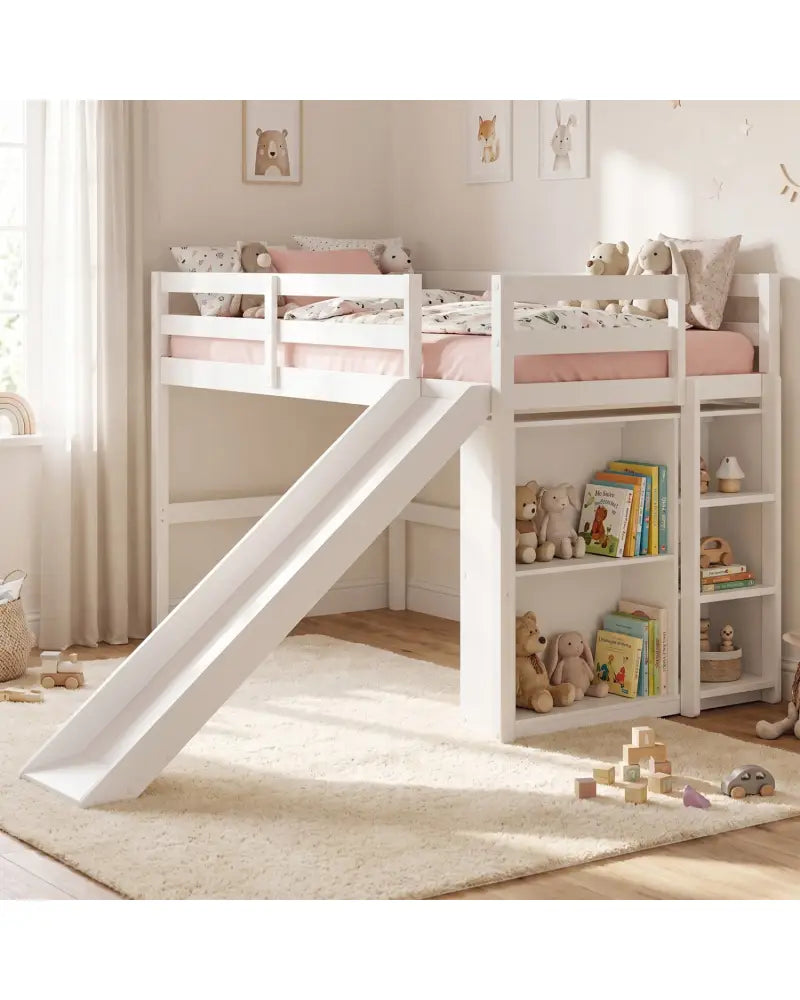 Kids Wooden Twin Size Loft Bed Frame with Slide and Ladder-White - White - Beds & Bed Frames