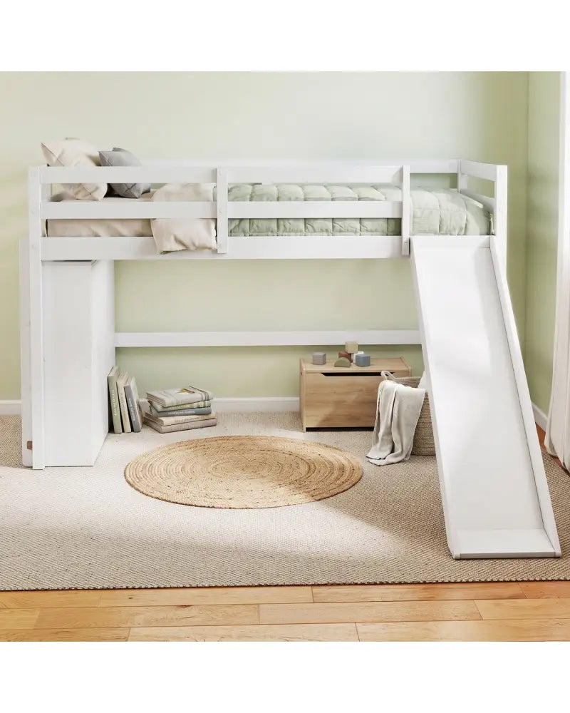 Kids Wooden Twin Size Loft Bed Frame with Slide and Ladder-White - White - Beds & Bed Frames