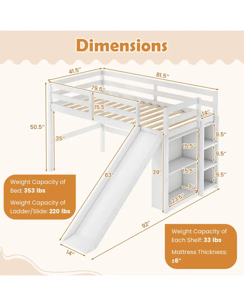 Kids Wooden Twin Size Loft Bed Frame with Slide and Ladder-White - White - Beds & Bed Frames