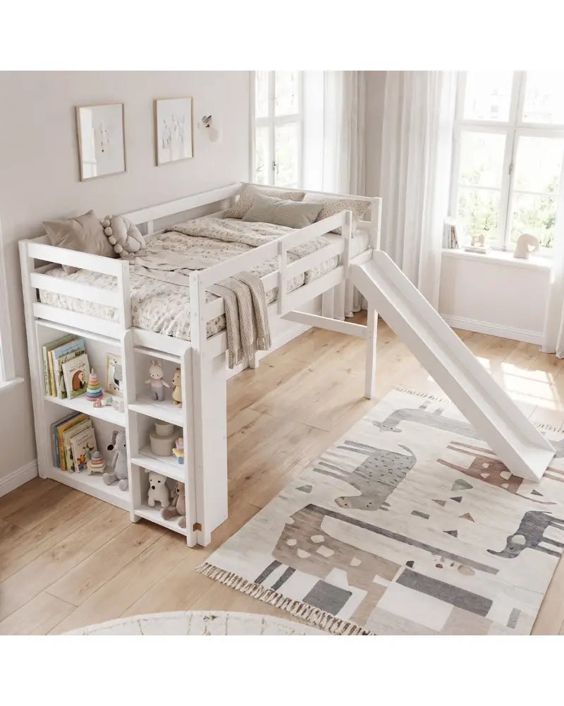 Kids Wooden Twin Size Loft Bed Frame with Slide and Ladder-White - White - Beds & Bed Frames