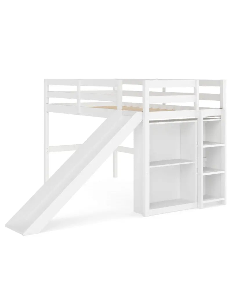 Kids Wooden Twin Size Loft Bed Frame with Slide and Ladder-White - White - Beds & Bed Frames