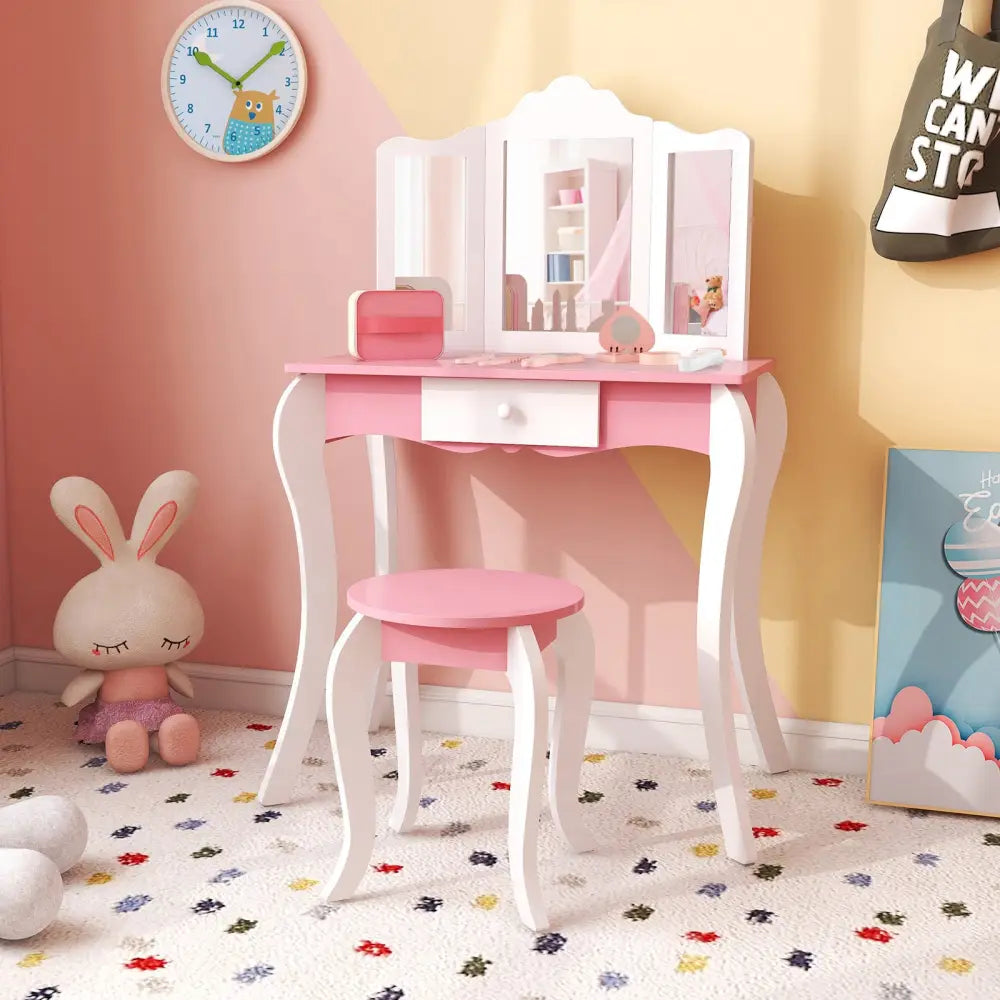 Kid’s Wooden Vanity Table and Stool Set with 3-Panel Acrylic Mirror-White - White - Kids Vanities