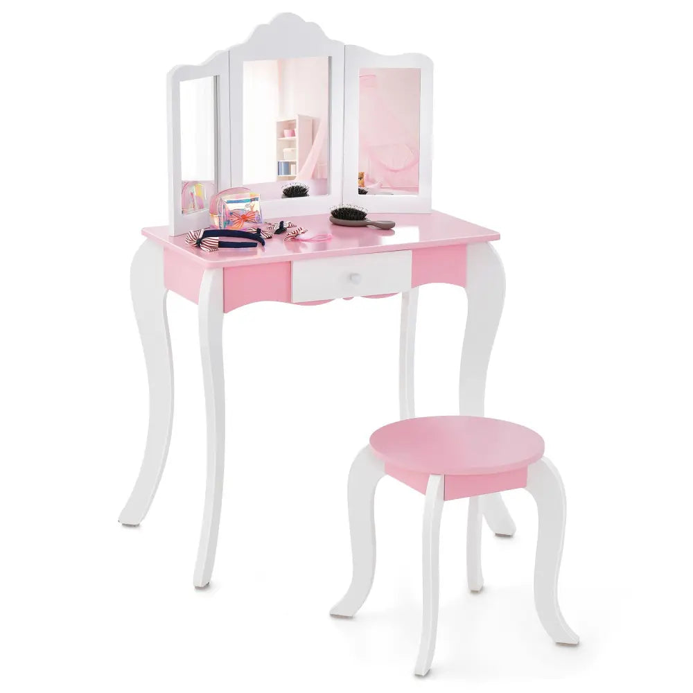 Kid’s Wooden Vanity Table and Stool Set with 3-Panel Acrylic Mirror-White - White - Kids Vanities