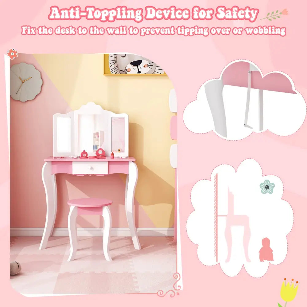 Kid’s Wooden Vanity Table and Stool Set with 3-Panel Acrylic Mirror-White - White - Kids Vanities