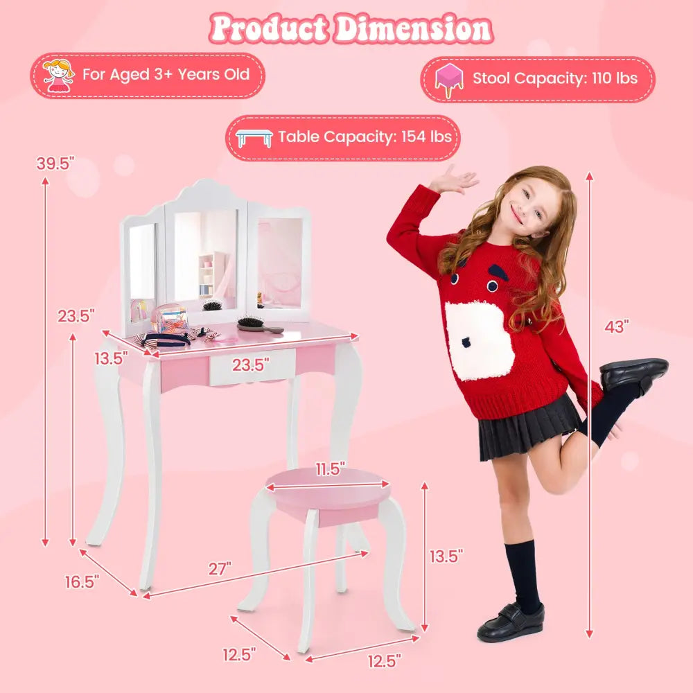 Kid’s Wooden Vanity Table and Stool Set with 3-Panel Acrylic Mirror-White - White - Kids Vanities