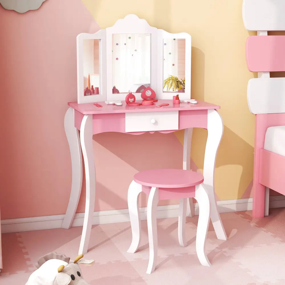 Kid’s Wooden Vanity Table and Stool Set with 3-Panel Acrylic Mirror-White - White - Kids Vanities