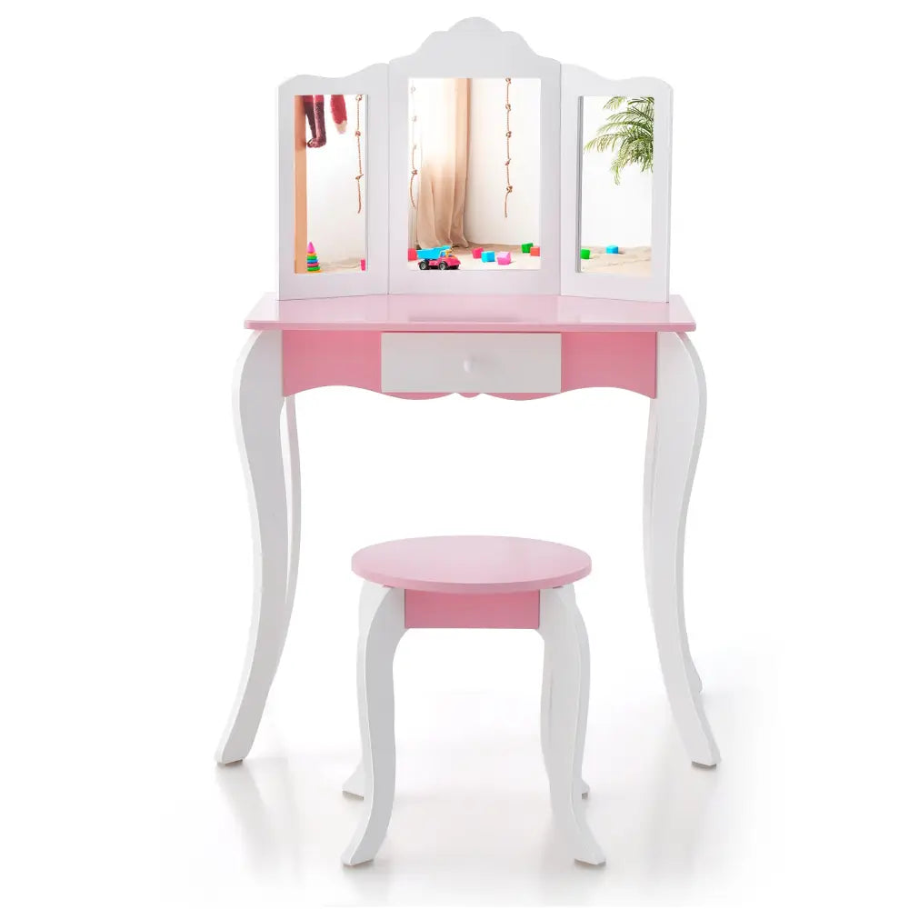 Kid’s Wooden Vanity Table and Stool Set with 3-Panel Acrylic Mirror-White - White - Kids Vanities