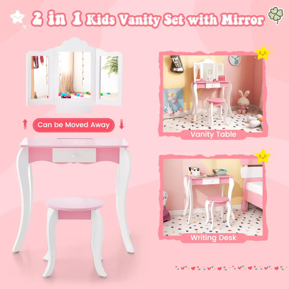 Kid’s Wooden Vanity Table and Stool Set with 3-Panel Acrylic Mirror-White - White - Kids Vanities
