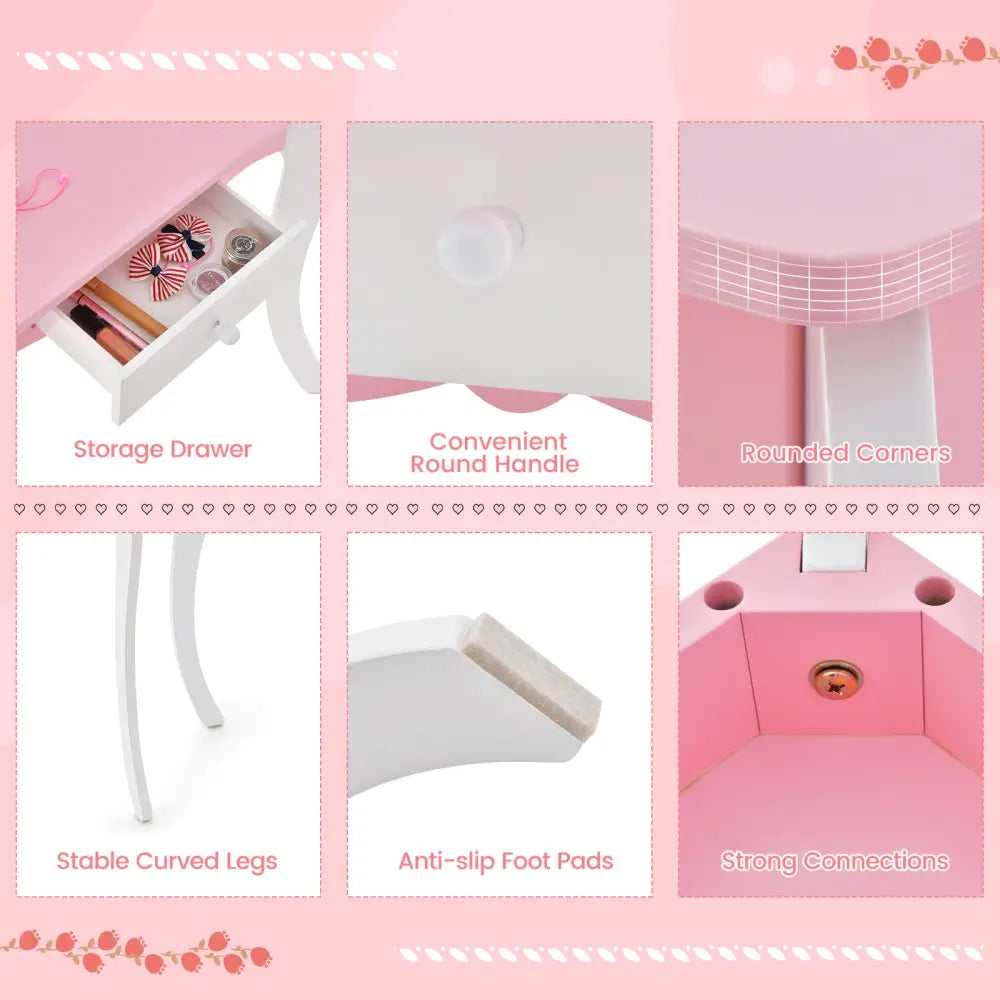 Kid’s Wooden Vanity Table and Stool Set with 3-Panel Acrylic Mirror-White - White - Kids Vanities