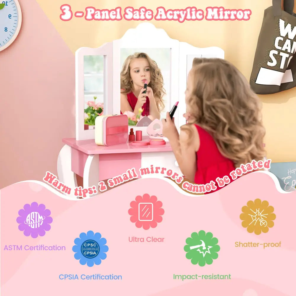 Kid’s Wooden Vanity Table and Stool Set with 3-Panel Acrylic Mirror-White - White - Kids Vanities