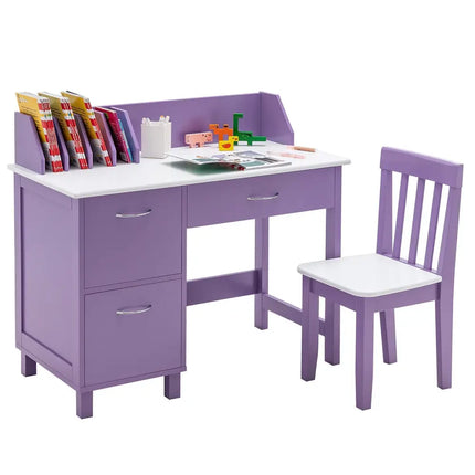 Kids Wooden Writing Furniture Set with Drawer and Storage Cabinet - Purple - Oasis Home Essentials