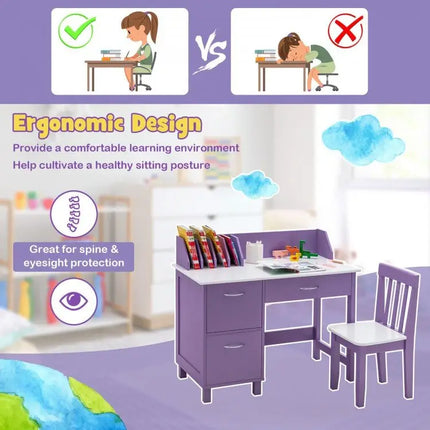 Kids Wooden Writing Furniture Set with Drawer and Storage Cabinet - Purple - Oasis Home Essentials