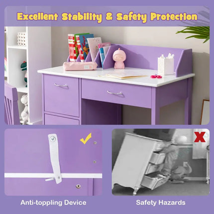 Kids Wooden Writing Furniture Set with Drawer and Storage Cabinet-Purple - Purple - Kids Table & Chair Sets