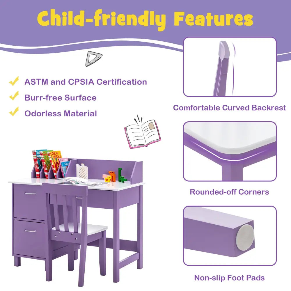 Kids Wooden Writing Furniture Set with Drawer and Storage Cabinet-Purple - Purple - Kids Table & Chair Sets