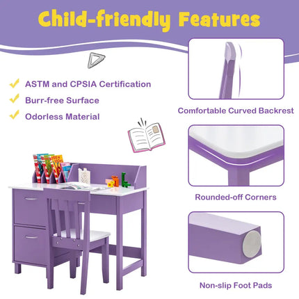 Kids Wooden Writing Furniture Set with Drawer and Storage Cabinet-Purple - Purple - Kids Table & Chair Sets