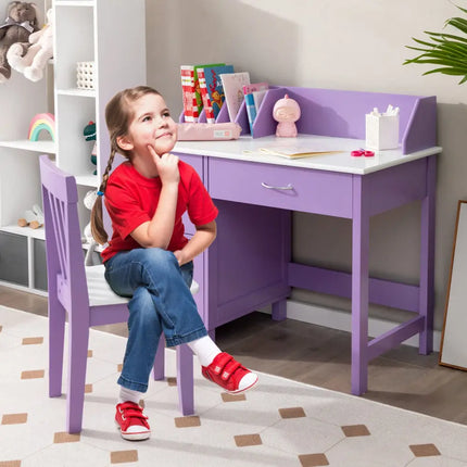 Kids Wooden Writing Furniture Set with Drawer and Storage Cabinet-Purple - Purple - Kids Table & Chair Sets