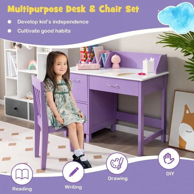 Kids Wooden Writing Furniture Set with Drawer and Storage Cabinet - Purple - Oasis Home Essentials