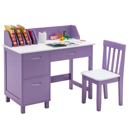 Kids Wooden Writing Furniture Set with Drawer and Storage Cabinet-Purple - Purple - Kids Table & Chair Sets