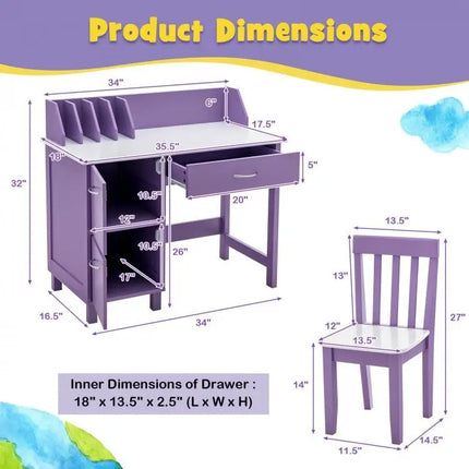 Kids Wooden Writing Furniture Set with Drawer and Storage Cabinet - Purple - Oasis Home Essentials