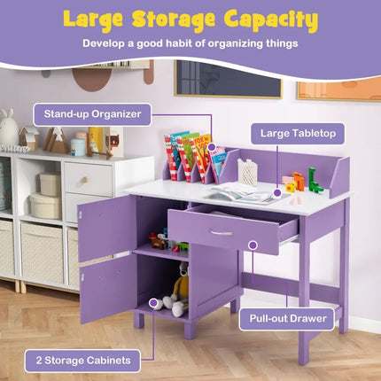 Kids Wooden Writing Furniture Set with Drawer and Storage Cabinet-Purple - Purple - Kids Table & Chair Sets