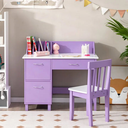 Kids Wooden Writing Furniture Set with Drawer and Storage Cabinet-Purple - Purple - Kids Table & Chair Sets
