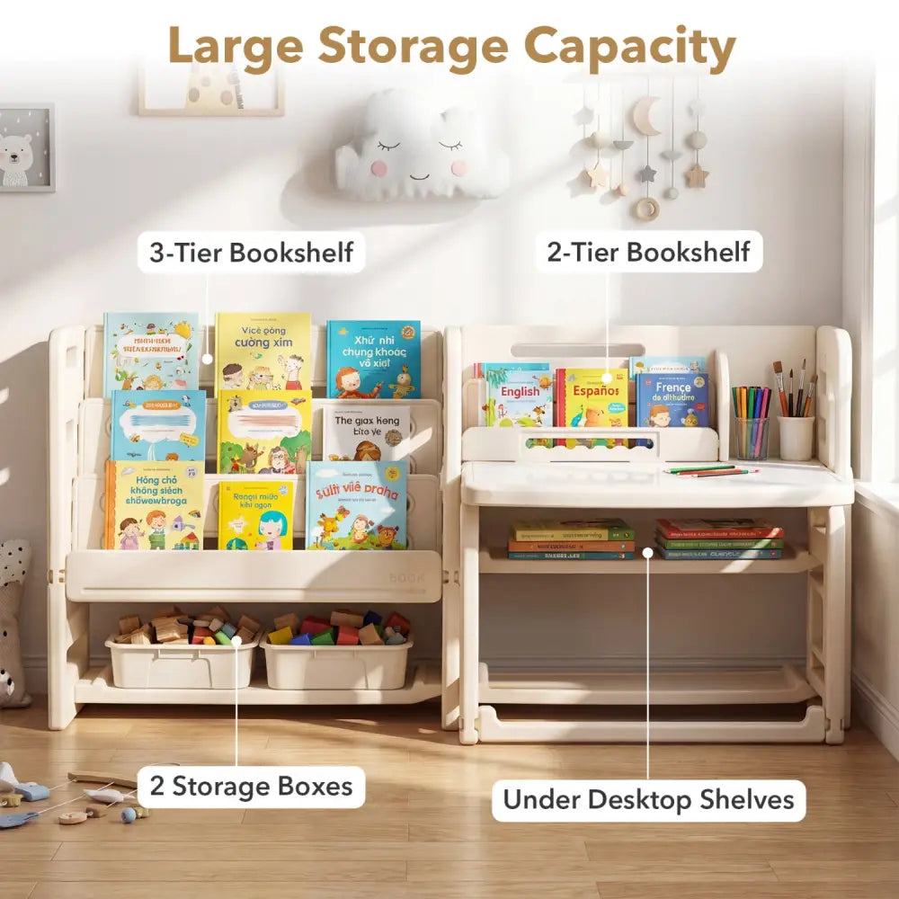 Kids Writing Desk and Chair Set with Side Bookshelves-White - White - Kids Table & Chair Sets