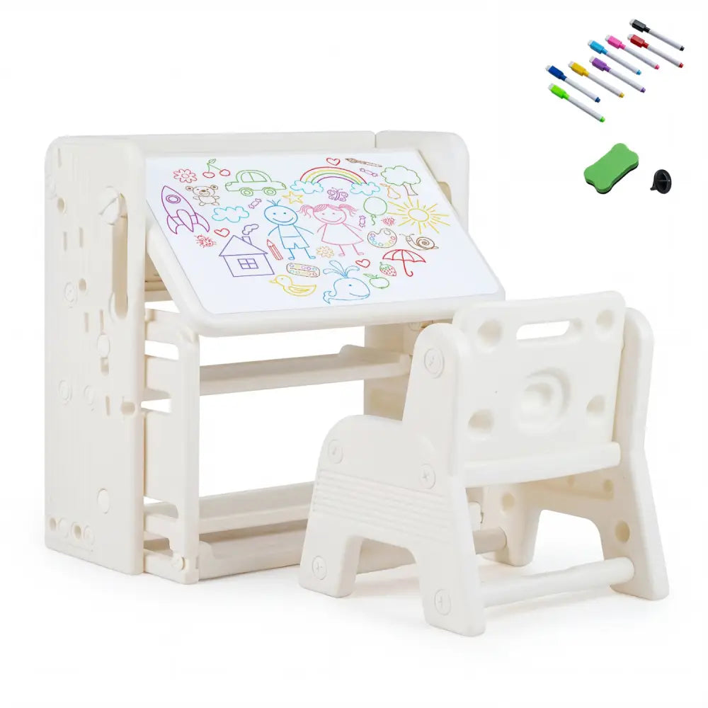 Kids Writing Desk and Chair Set with Side Bookshelves-White - White - Kids Table & Chair Sets