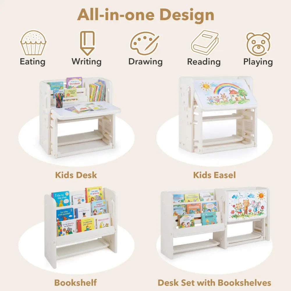 Kids Writing Desk and Chair Set with Side Bookshelves-White - White - Kids Table & Chair Sets
