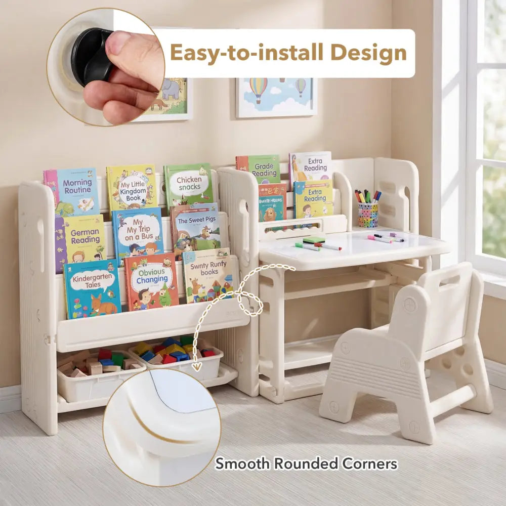 Kids Writing Desk and Chair Set with Side Bookshelves-White - White - Kids Table & Chair Sets