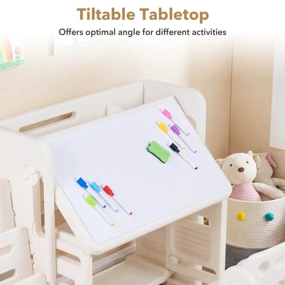 Kids Writing Desk and Chair Set with Side Bookshelves-White - White - Kids Table & Chair Sets