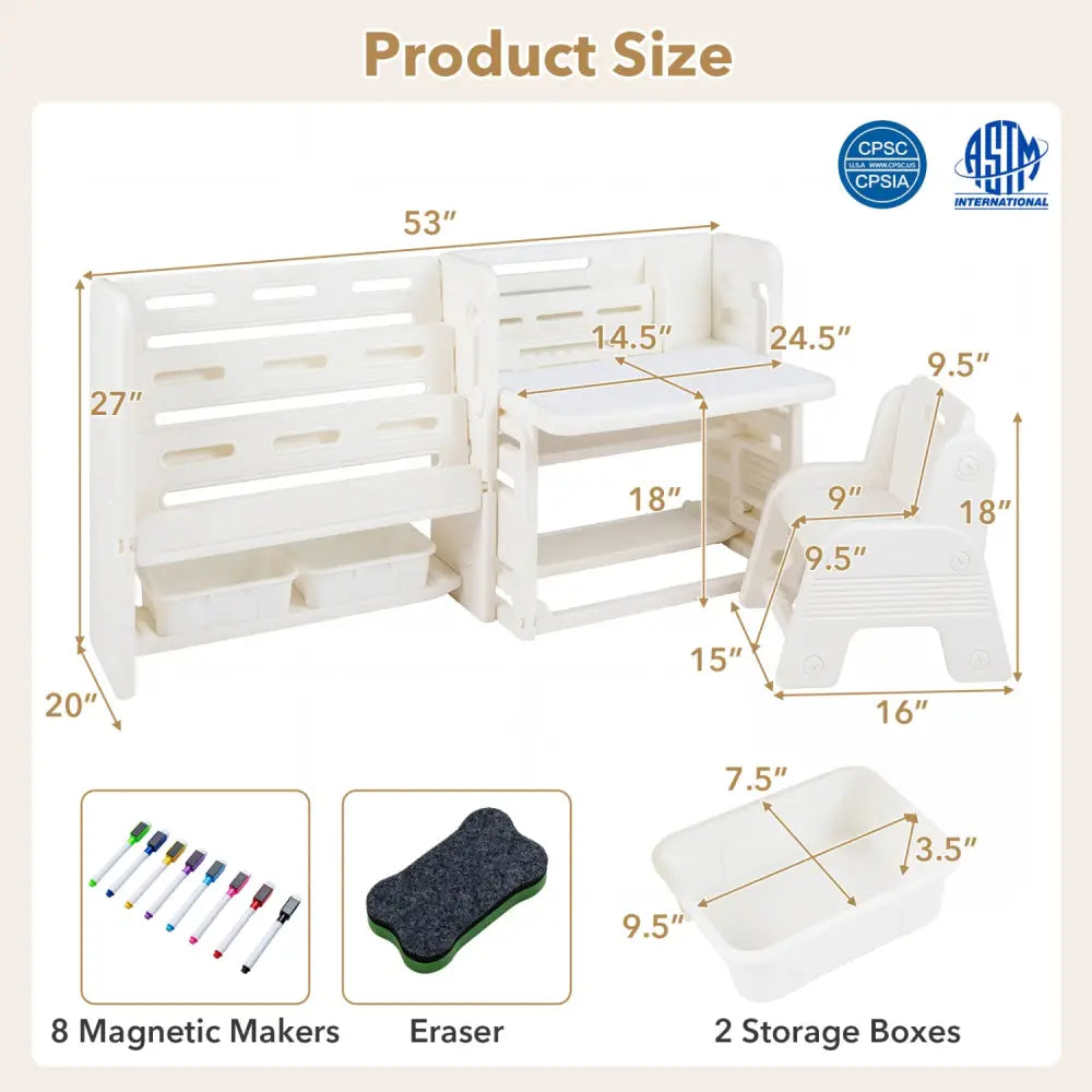 Kids Writing Desk and Chair Set with Side Bookshelves-White - White - Kids Table & Chair Sets