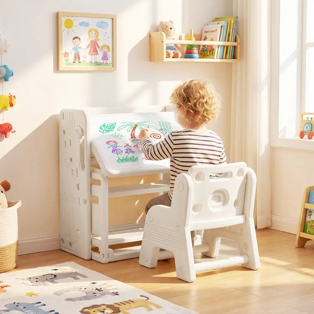 Kids Writing Desk and Chair Set with Side Bookshelves-White - White - Kids Table & Chair Sets